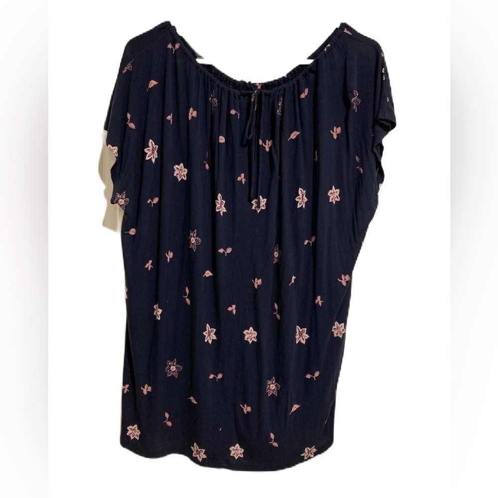 LOFT Women’s Midnight Blue Blouse Top with Rose Accents Sz. XL